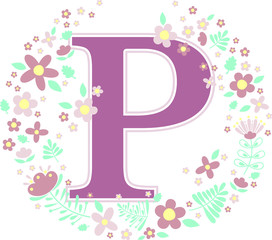 initial letter p with decorative flowers and design elements isolated on white background. can be used for baby name, nursery decoration, spring themes or wedding invitation.