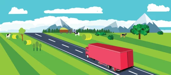 Tuinposter Vrachtwagen rijden langs de snelweg, bekijken van bovenaf, isometrische vectorillustratie, horizontaal plat, platteland © Massaget