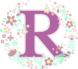 initial letter r with decorative flowers and design elements isolated on white background. can be used for baby name, nursery decoration, spring themes or wedding invitation.