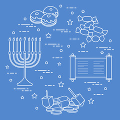 Jewish holiday Hanukkah: dreidel, sivivon, menorah, coins, donuts and other.