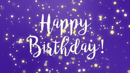 Purple Happy Birthday greeting card video animation with handwritten text and falling sparkly particles. - Powered by Adobe