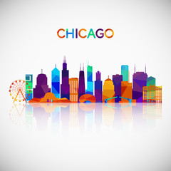 Obraz premium Sylwetka panoramę Chicago w kolorowym stylu geometrycznym. Symbol dla twojego projektu. Ilustracji wektorowych.