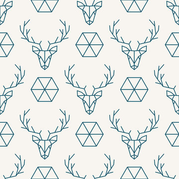 Deer geometric head and hexagon seamless pattern. Scandinavian symbols seamless background. Vector illustration.