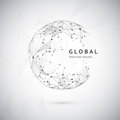 Abstract global network concept. Web structure, social nets concept, node net. Dots and connection mesh. Sphere technology cyberspace background. Vector illustration on white background