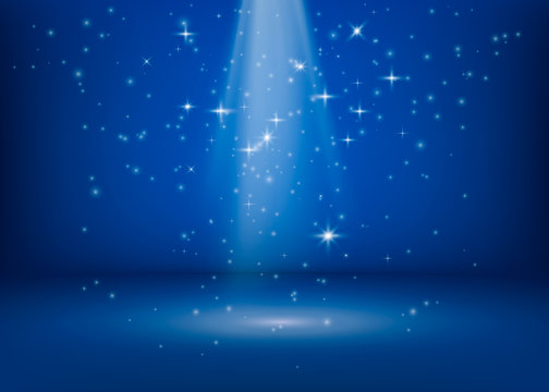 The scene is lit by a searchlight. Brilliant shimmering lights. Magical miracle shiny spot. Glitter stars background. Vector illustration