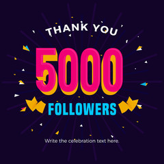 5000 followers card banner template for celebrating many followers in online social media networks.