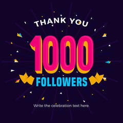 1000 followers card banner template for celebrating many followers in online social media networks.