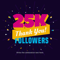 25k followers card banner template for celebrating many followers in online social media networks.