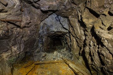 Underground abandoned gold ore mine shaft tunnel gallery