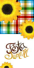 Festa junina flyer with lettering and sunflowers