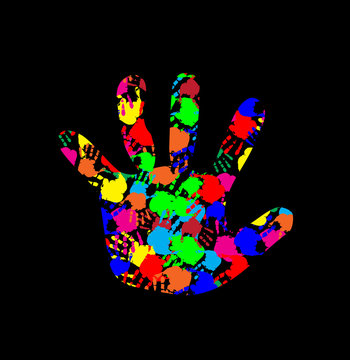  baby hand with colorful hand prints pattern inside