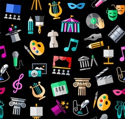 Culture and art, seamless background, color, black, vector. Leisure and cultural centres. Cultural events and the attributes of art. Colored icons on a black field. Vector picture.  