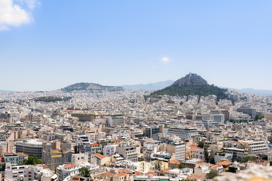  panoramic view on Lycabettus Hill from the Acropolis , Greek capitol Athens 
