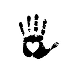 Black silhouette of human hand print with heart symbol