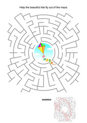 Maze game for kids: Help the beautiful colorful kite fly out of the labyrinth. Answer included.
