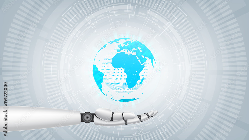 Poster concept of holographic planet earth. robot hand holds virtual digital planet. vector illustration wi