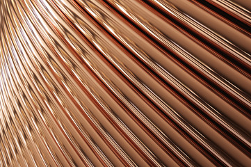 Stack of new and shiny сopper pipe in factory. 3D Illustration 