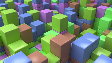 Wall of blue, green, brown and purple cubes