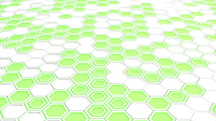 Abstract 3d background made of white hexagons on green glowing background