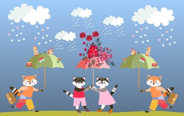 Cute cartoon little foxes and kittens with fairy umbrellas. Greeting card for child. Vector summer design.