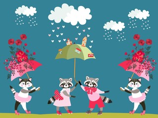 Cute kittens and little raccoons with umbrellas. Greeting card in vector.