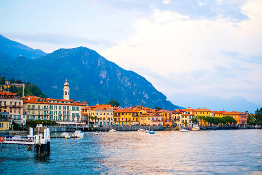 View of colorful town and mountian background ,Lake como,Italy,Europe
