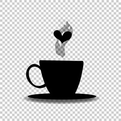 Black silhouette of  cup with steam and heart on transparent