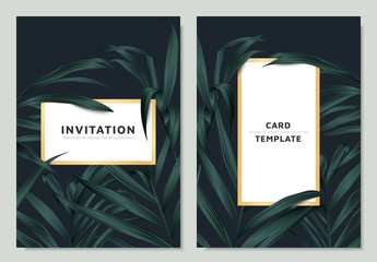 Green palm leaves with white golden border frame on dark background, invitation card template design