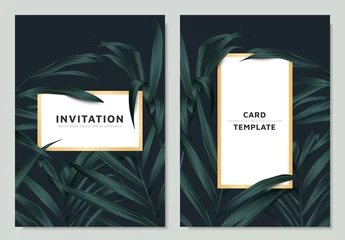 Rolgordijnen Green palm leaves with white golden border frame on dark background, invitation card template design © momosama
