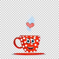 Cute steaming red cartoon cup with white polka dots pattern