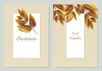 Gardinen Autumn leaves with white frame and gold glitter, invitation card template design © momosama