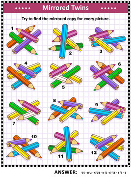 IQ training visual puzzle with colored pencils: Try to find mirrored copy for every picture. Answer included.
