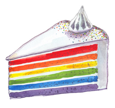 Slice Of Colorful Rainbow Cake With Different Layers And White Frosting And Decoration Painted In Watercolor On Clean White Background