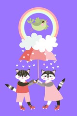 Obraz na płótnie Canvas Cute cats on roller skates with fairy umbrella, clouds, raindrops in form of hearts, rainbow and green cheerful bird on lilac background. Vertical vector greeting card or invite.