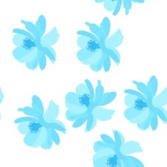Fototapeta na wymiar Blue cosmos flowers seamless pattern in vector. Print for fabric, wallpaper.