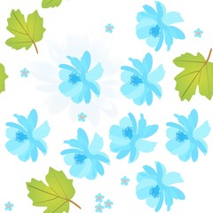 Fototapeta na wymiar Seamless natural pattern with blue cosmos and forget me not flowers, viburnum leaves on white background. Spring vector design.
