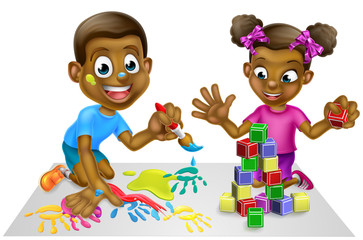 Cartoon Kids with Paint and Blocks