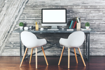 Contemporary interior with empty white computer