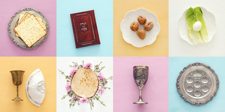 Pesah celebration concept (jewish Passover holiday). Traditional book with text in hebrew: Passover Haggadah (Passover Tale).