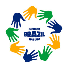 Colorful nine hand print logo using Brazil flag colors. Vector illustration