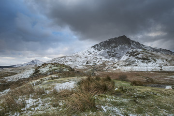 Beautiful long exposure Winter landscape image of Llyn y Dywarchen in Snowdonia National Park