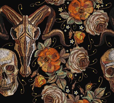 Embroidery bull and human skull, roses seamless pattern. Gothic romanntic embroidery bison buffalo skulls, human skull, red roses tribal pattern, clothes t-shirt. Dia de muertos, day of the dead