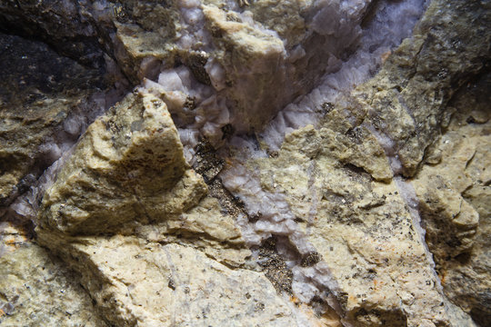 Crystalls of piryte at quartz and listvinite sample specimen gold ore