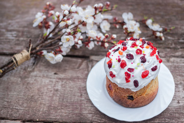 Easter composition. Easter cake decorated white icing and colorful sugar sprinkles on a concrete background.