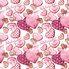 Fototapeta na wymiar Watercolor seamless pattern (texture) with pink hearts on the white background
