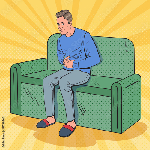 Pop Art Unhappy Man Hurts From Stomach Ache Sick Guy Sitting On