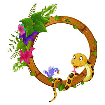 snake and bird on round wood frame with flower