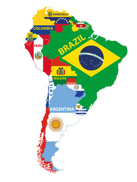 South America map mixed with countries flags. Vector illustration