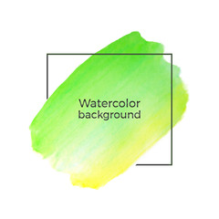 Abstract lime green, yellow watercolor on the white background, splash with square frame, Abstract of fluid ink, acrylic dry brush strokes, stains, spots.  Background for design, banner, flyer, poster