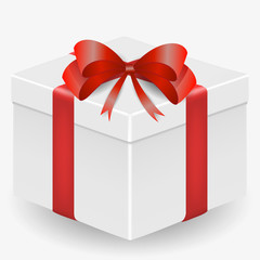 Vector image of a white, realistic, gift box with a red ribbon and a bow, isolated on a white background